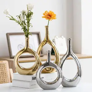Modern Gold And Silver Color Jade Ring Ceramic Vases For Living Room Desktop Simple Ceramic Decorations Home Decor