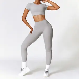 女性柔软环保短袖作物顶部腹部控制健身房腿部瑜伽套装健身服装健身套装