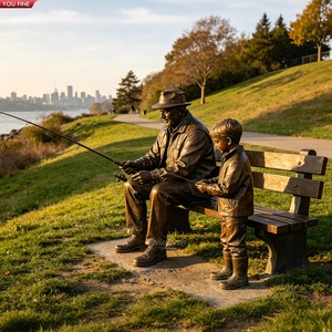 Statue YOUFINE personnalisée en bronze grand-père apprenant son petit-fils à pêcher, sculpture commémorative maritime pour jardin - Product Image 3