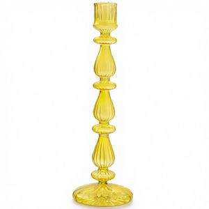 Photophore en verre côtelé jaune, fait main, léger, au design sophistiqué en forme de tige avec des sections bombées alternées, Pâques - Product Image 1