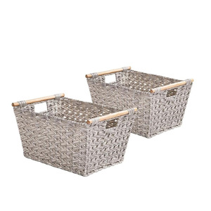 Rattan <b>Storage</b> <b>Basket</b> Rectangle Grayish White With Wooden Handle For Clothing Toy Fruit Snack <b>Storage</b> - Product Image 4