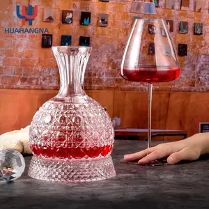 Luxury Hotel Rotatable Diamond Cut Crystal Clear Glass Red Wine Decanter Set With Goblet Glasses For Wedding Party