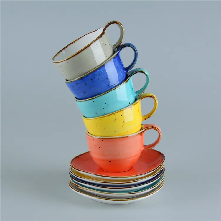 JQY Vintage Arabic Multi Colored Reactive Glazed Porcelain Coffee Espresso Cup Saucer 12pcs Ceramic Tea Cup and Saucer Set of 6