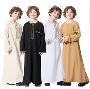 新2024迪拜阿拉伯穆斯林儿童男孩服装阿巴亚卡夫坦长袍伊斯兰斋月服装阿曼阿拉伯卡塔尔儿童卡夫坦服装