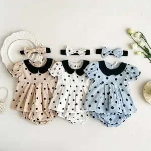 아기 폴카 도트 짧은 소매 드레스 탑 + 빵 바지 + 머리띠 아기 소녀 의류 세 조각 정장