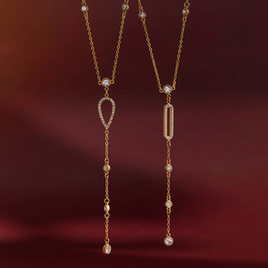 Collier élégant en acier inoxydable avec strass en forme de goutte d'eau, chaîne en Y, bijoux géométriques pour femmes - Product Image 3