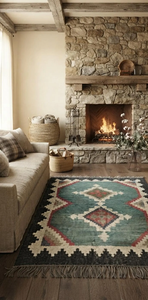 Boho Turquoise Wool Jute <b>Rug</b> Tribal Geometric Handmade Area Carpet for <b>Rustic</b> Farmhouse Bedroom Living Room Home Floor Decor - Product Image 5