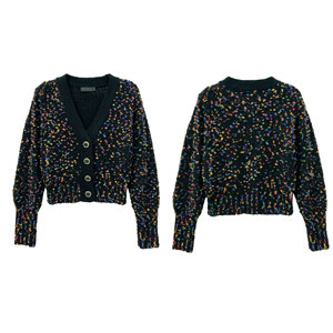 Cárdigan de punto de invierno con cuello en V, diseño de confeti, multicolor, de hilo nep, suéter holgado de manga globo para mujer - Product Image 3