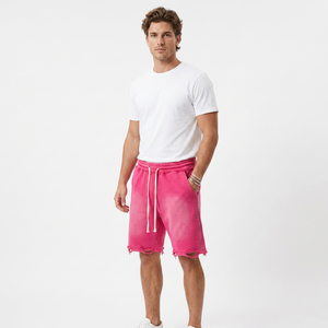 Pantalones Cortos Bermuda para Hombre, Color Rosa Degradado, con Cordón Ajustable, Dobladillo Deshilachado, Estilo Casual, Cintura Media, Tejido de Punto, 100% Algodón - Product Image 1