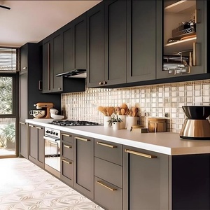 Meubles de cuisine en U en bois massif noir mat Tengce, design moderne et simple, plan de travail blanc, conception personnalisée, décoration sur mesure - Product Image 1