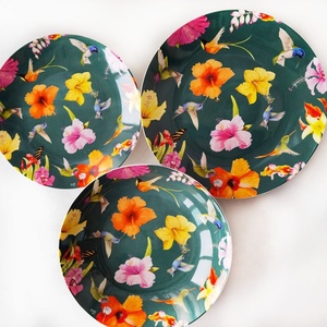Assiette à dîner occidentale en céramique émaillée verte à motif botanique floral de colibri - Product Image 1