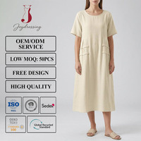 Robe midi élégante en coton et lin kaki Joydressing pour femme, coupe ample, manches courtes, style bohème décontracté, robes de plage, vente en gros, sur mesure
