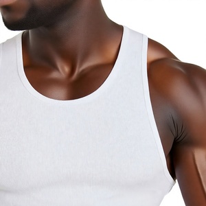 <b>Men's</b> <b>White</b> Ribbed Tank Top O-Neck Solid Color Casual Sleeveless <b>Vest</b> Front Logo Print Muscle Fit Gym Wear - Product Image 3