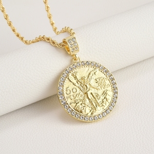 Collar mexicano con colgante de moneda de oro de 50 pesos, chapado en oro de 18 quilates, cadena de cuerda cubana grabada de doble cara Vintage Hip Hop para niños - Product Image 2