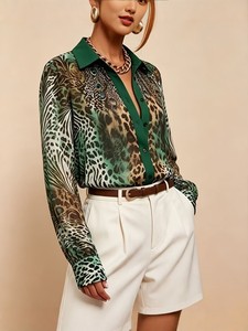 Camicetta da <span class=keywords><strong>Donna</strong></span> con Stampa Leopardata, Maniche Lunghe, Bottoni, Colletto a Contrasto, in Chiffon <span class=keywords><strong>Trasparente</strong></span>, Stampa Animalier, <span class=keywords><strong>Camicia</strong></span> Casual da Ufficio - Product Image 1