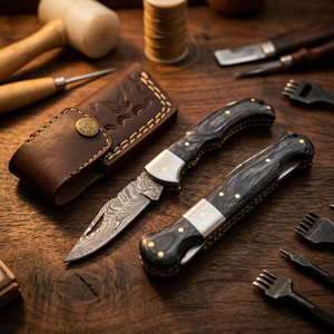 Cuchillo Plegable de Acero de Damasco Hecho a Mano, Hoja de Punta Caída, Mango de Madera, Apertura con Perilla, Cuchillo de Caza de 7 Pulgadas - Product Image 3