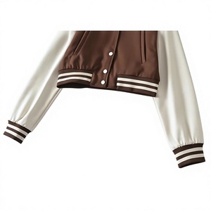 <b>Women's</b> <b>Brown</b> White Color Block Varsity <b>Jacket</b> Full Sleeve Turn Down Collar Regular Length Autumn Style Solid Pattern - Product Image 3