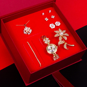 Ensemble cadeau transfrontalier pour femmes, bijoux en perles et fleurs dorées, montre, broche, collier, boucles d'oreilles, ensemble de bijoux fins - Product Image 3