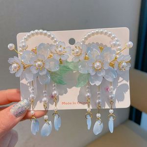 Chinese Style Children's Hanfu Hairpin Super Fairy Atmosphere Ancient Style Tassel <b>Flower</b> Double Pronged Glass Edge Headwear - Product Image 2