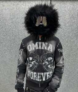 맞춤 로고 디지털 프린트 스트리트웨어 프렌치 테리 코튼 크롭 그래픽 애시드 워시드 지퍼업 페이크 퍼 후드 후디 남성용 - Product Image 5