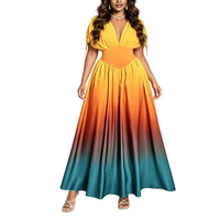 Robe longue imprimée dégradée pour femme, col en V profond, manches dolman, taille smockée, coupe fluide trapèze, marque privée Sehe Fashion