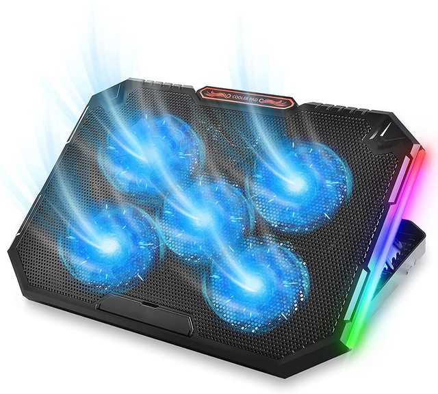 NUOXI Adjustable Speed Silent 5-Fan 17-Inch Black RGB Light Gaming Laptop Cooling Pad Air-Cooled Iron Mesh ABS Material in Stock