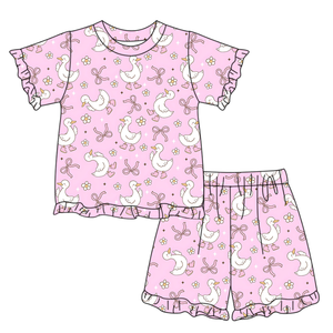 GSSO3343 Conjunto de verano para niña, personalizado, con estampado de gansos, lazos y flores rosas, para niñas activas, venta al por mayor - Product Image 1