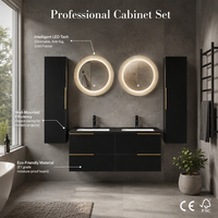 Ensemble de meuble-lavabo mural moderne nordique symétrique à double vasque, noir poli, avec armoire latérale pour villa