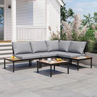 Ensemble de meubles de jardin de luxe en rotin, 3 pièces, ensemble de patio d'angle, canapé en osier PE avec tables basses en bois pour terrasse arrière-cour