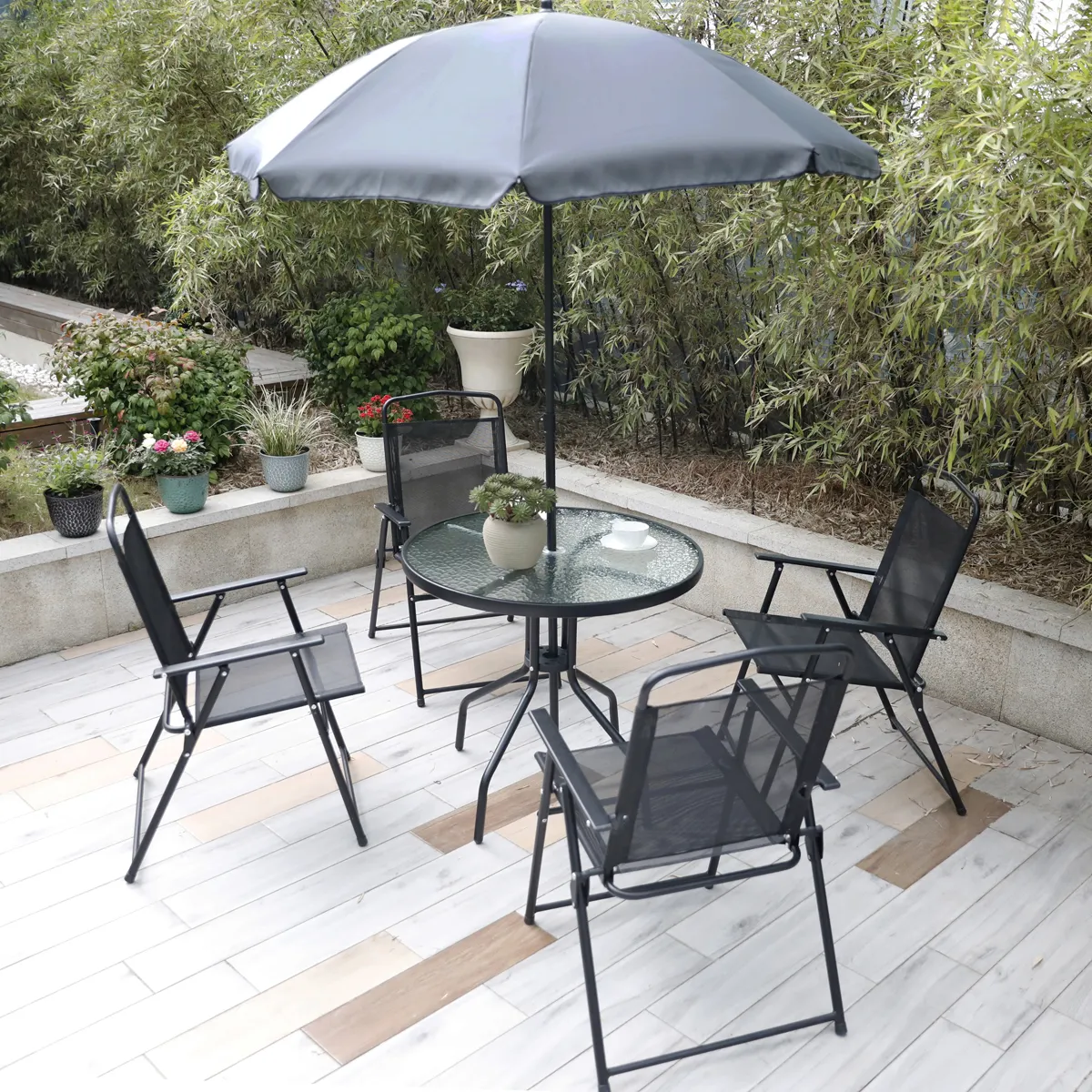 6 Pcs Duurzaam Outdoor Stoel En Tafel Eethoek Tuin Set Met Paraplu