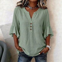 Kaos Fashion Wanita, Kerah V dengan Detail Kancing dan Lengan Ruffle 3/4, Atasan Tunik Longgar Kasual untuk Pemakaian Sehari-hari & Musim Panas