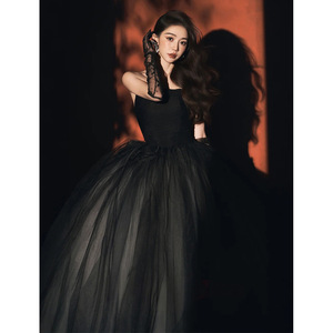 Black Strapless Ball Gown Chiffon Natural Waist Mesh Evening Dress For Banquet Birthday Wedding - Product Image 1