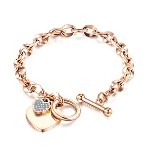 Custom Wholesale Fashion Jewelry Women Zircon Charm Heart Design 18K Rose Gold Plated Daily Ladies Gold Bracelet