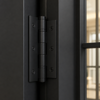 Porte d'entrée antivol en acier noir mat, double battant, avec grilles en verre transparent et poignées en laiton, style Urbain Chic, pour centre commercial et résidence architecturale