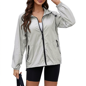 <b>Light</b> Gray Quick Dry Windbreaker <b>Jacket</b> With Zipper Pockets Stand Collar Casual <b>Summer</b> Wear Regular Fit Polyester Women's Coat - Product Image 1