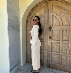 Cổ 2 Màu Sắc Mở Lại Dài Tay Áo Phụ Nữ Ăn Mặc Đan Crochet Maxi Dress 3D Hoa Dress Hollow out beachwear - Product Image 6