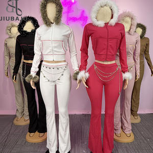 Pantaloni Waffle autunno inverno svasati due pezzi set cappotto e pantaloni con cappuccio da <span class=keywords><strong>donna</strong></span> - Product Image 1