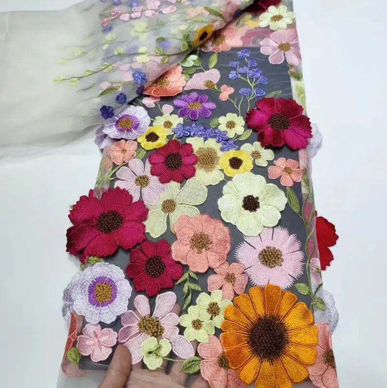 Пользовательские 125 см Широкий 3d цветок ткань легкая сетка кружевная ткань для свадебного платья свадебное платье