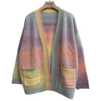 Cardigan en tricot à col en V ouvert, dégradé arc-en-ciel, mi-long, grande taille, en acrylique, à manches longues et à motifs, directement de l'usine