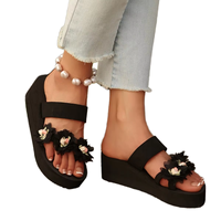 Sandales compensées d'été sportives en cuir véritable pour femme, noires, à bout rond, avec empeigne en PU et semelle extérieure en caoutchouc