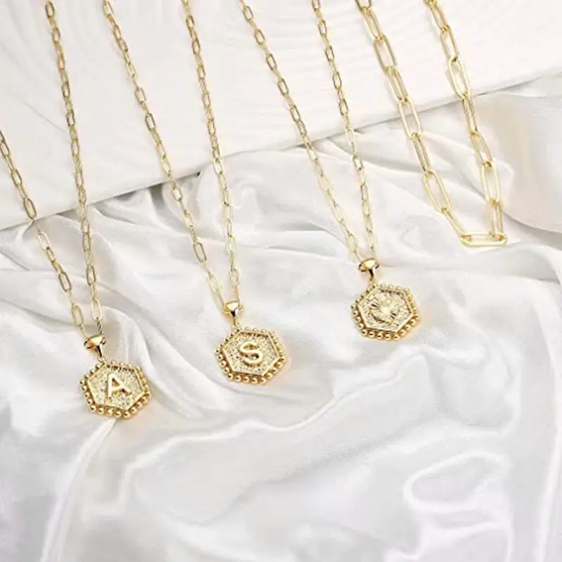 XL21183 Layered Initial Gold Plated Stainless Steel Paperclip Chain Necklaces Women Hexagon Letter Pendant Choker Jewelry