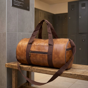 Bolsa de Lona Vintage de Cuero Genuino en Forma de Barril con Cierre de Cremallera, Asa Única, Unisex, para Gimnasio, con Correa para Hombro y Logotipo - Product Image 2