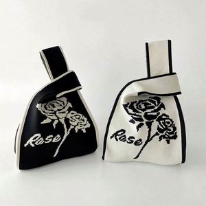 Korean Designers Black <b>White</b> Rose Knitted Handbag <b>Small</b> Handmade Vest <b>Bag</b> Crochet Tote <b>Bag</b> for Women - Product Image 1