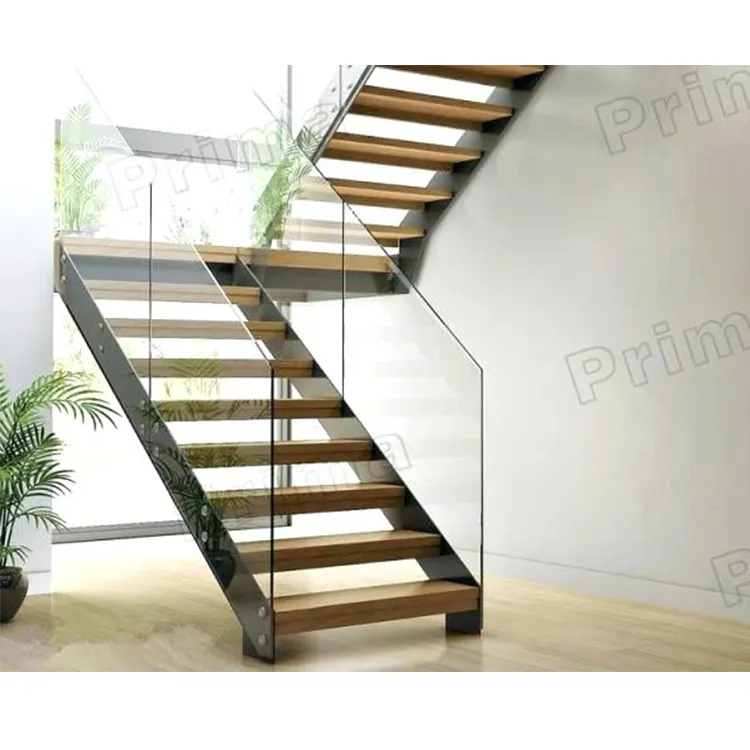 ברזל קרן עץ צעדים ישר מדרגות עם זכוכית מעקה עבור מחוץ מחירים