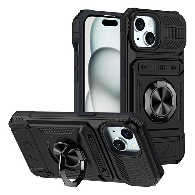 Card Slot Armor Phone Case for iPhone 17 16 15 14 13 Pro Max Pro 7 8 Plus Magnetic Ring Stand Back Cover