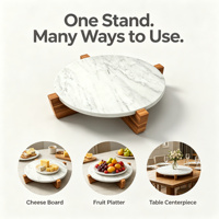 Plateau rond en marbre avec support en bois, dessous de plat en marbre avec support en bois d'acacia, présentoir en marbre et bois massif avec base croisée