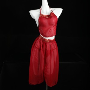 Chemise de nuit Hanfu en mousseline de soie rouge pour femmes, vêtements de nuit transparents sans manches avec ceinture et motif brodé - Product Image 1
