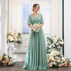 Bridesmaid Dress V-Neck A-Line Satin Long Empire Waist Green Evening Gown for Women - Product Image 4