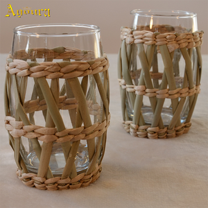 Ensemble de tasses en rotin artisanal en canne indonésienne et herbe jaune, personnalisable et créatif - Product Image 3