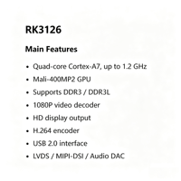 Processeur SoC Quad-core Rockchip RK3126 Cortex-A7, GPU Mali-400MP2, Codec vidéo 1080P, puce IC embarquée